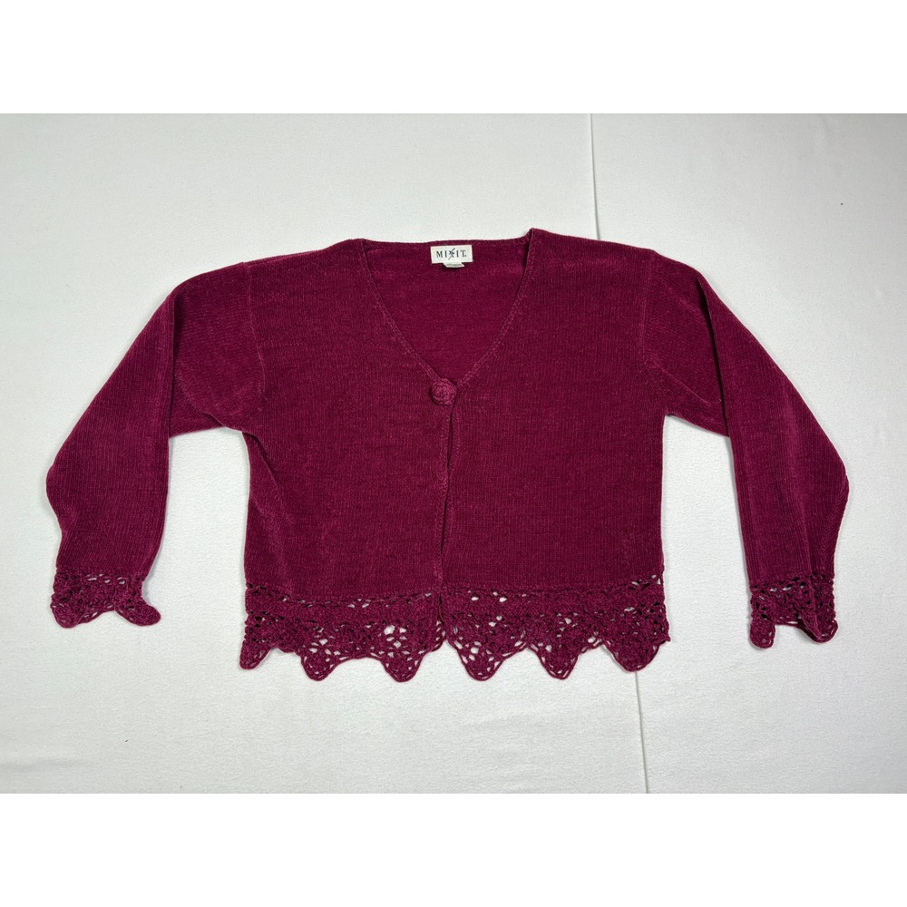 Mixit Womens Medium Burgundy Chenille Cardigan Sweater Crochet Lace Trim V-Neck